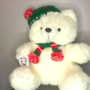 Belkie  Musical Christmas Bear With Green And White ,Red Toboggan And Scarf